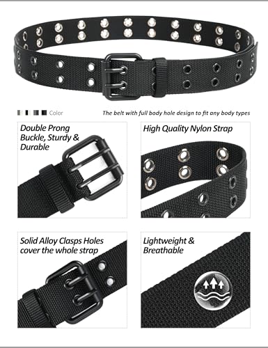Double Prong Buckle Nylon Punk Belt Men Women, Sizes 28-64 Inches3