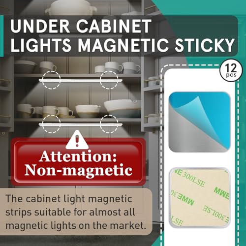 Image of 12 Pcs Under Cabinet Light Magnetic Strip, Replacement Magnetic Strips with Adhesive Backing for Cabinet Lights - Iron Sheet for Cabinet Lighting(3.4CMx3.4CM Not Magnets)