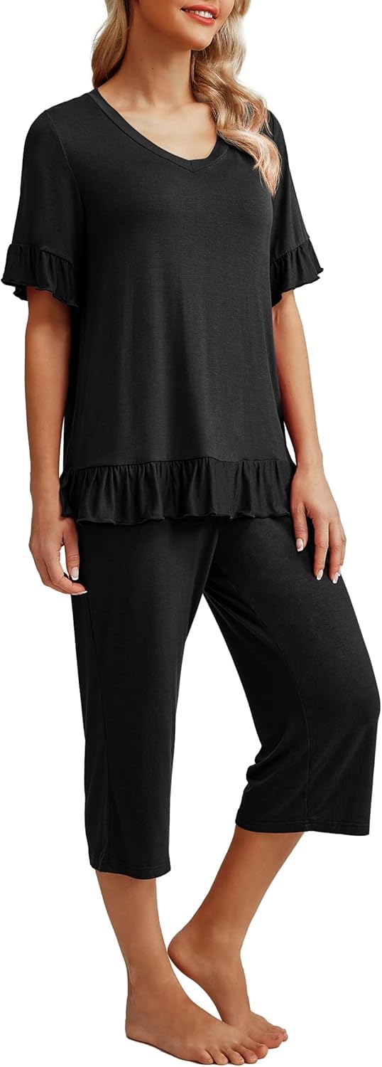 PrinStory Pigiama Donna Scollo a V Pigiama Manica Corta Top E Pantaloni Lunghi 3/4