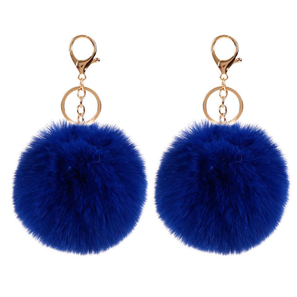 Camelliass Unisex Royal Blue 2Pcs Fluffy Pom Pom Keyrings, Soft Plush Ball Charm Keychain Bag Key Pendant Keyfob For Women (Royal Blue)