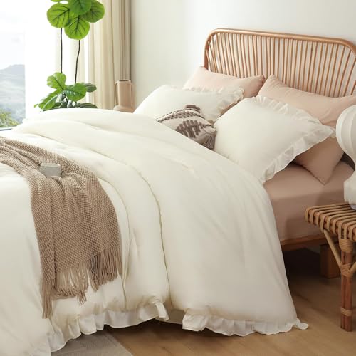 Image of JANZAA Creamy White Comforter Set King - Soft Microfiber, Lightweight All Season Bedding, Ruffle Shabby Chic Aesthetic, Breathable Cozy Bed Set with 2 Pillow Shams, Machine Washable