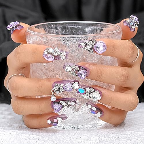 Sethexy Luxury Purple Rhinestone Handmade Fake Nail 3D Crystal Long Coffin Press on Nails Butterfly Bow False Nail Salon Durable Quality Nails for Women and Girls(A) - Image 3