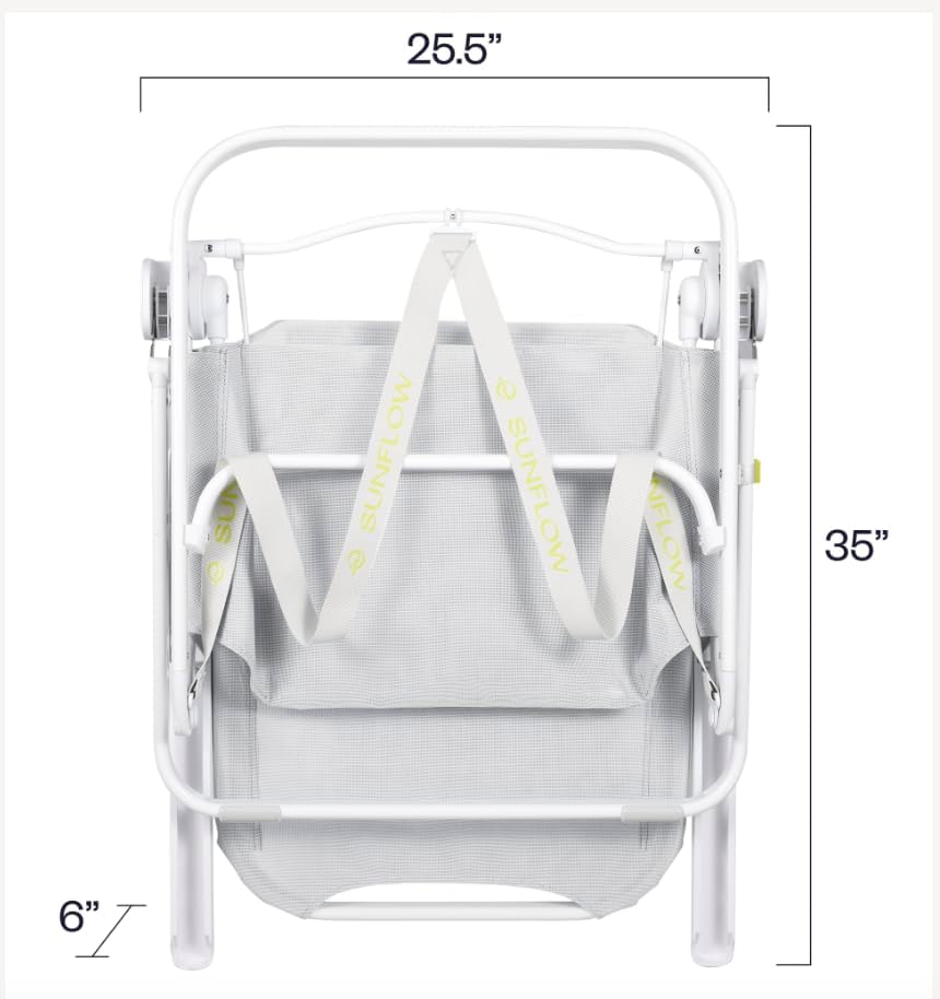 Diagram showing the folded dimensions of the SUNFLOW beach chair: 25.5 inches wide, 35 inches high, and 6 inches deep.
