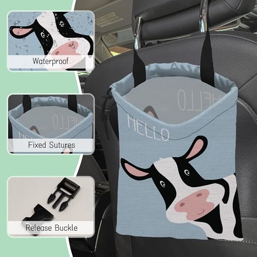 Image of Cute Cow Car Garbage Bag,Waterproof Small Car Trash Bag Hanging Back of Seat,Drawstring Hanging Car Trash Bag with Adjustable Buckle for Car Accessories
