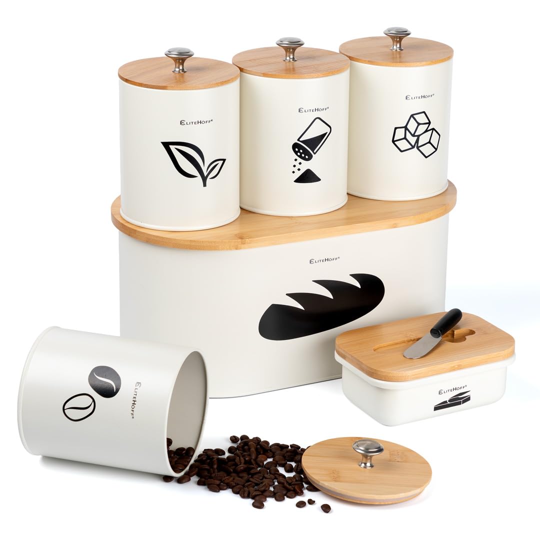 EliteHoff Brotkasten mit Schneidebrett + Vorratsdosen 4er Set (Kaffeedose Teedose Zuckerdose Salzdose) und Butterdose mit Messer - Brotbox aus Metall mit Bambusdeckel, 34x18x16 cm (Beige)