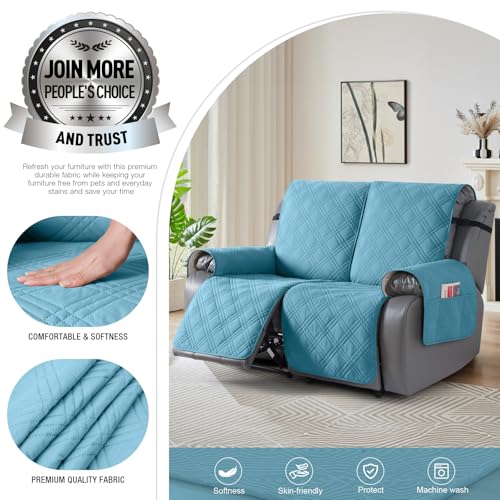 Image of TAOCOCO 100% Waterproof Loveseat Recliner Cover, Non Slip Split Recliner Couch Cover with Elastic Straps, Washable Reclining Sofa Cover Furniture Protector for Kids, Pets(2 Seater, Sky Blue)