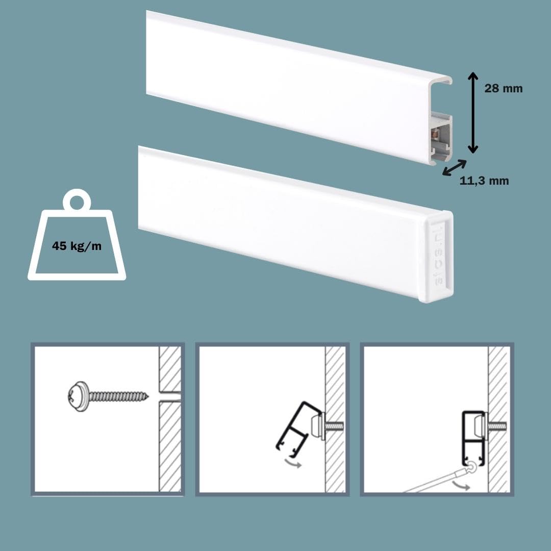 STAS Bilderschienen - Galerieschiene Aluminium / 200cm (2x 100cm) Cliprail Pro (45kg) - komplettes Set inkl. Perlonseile und Bilderhaken
