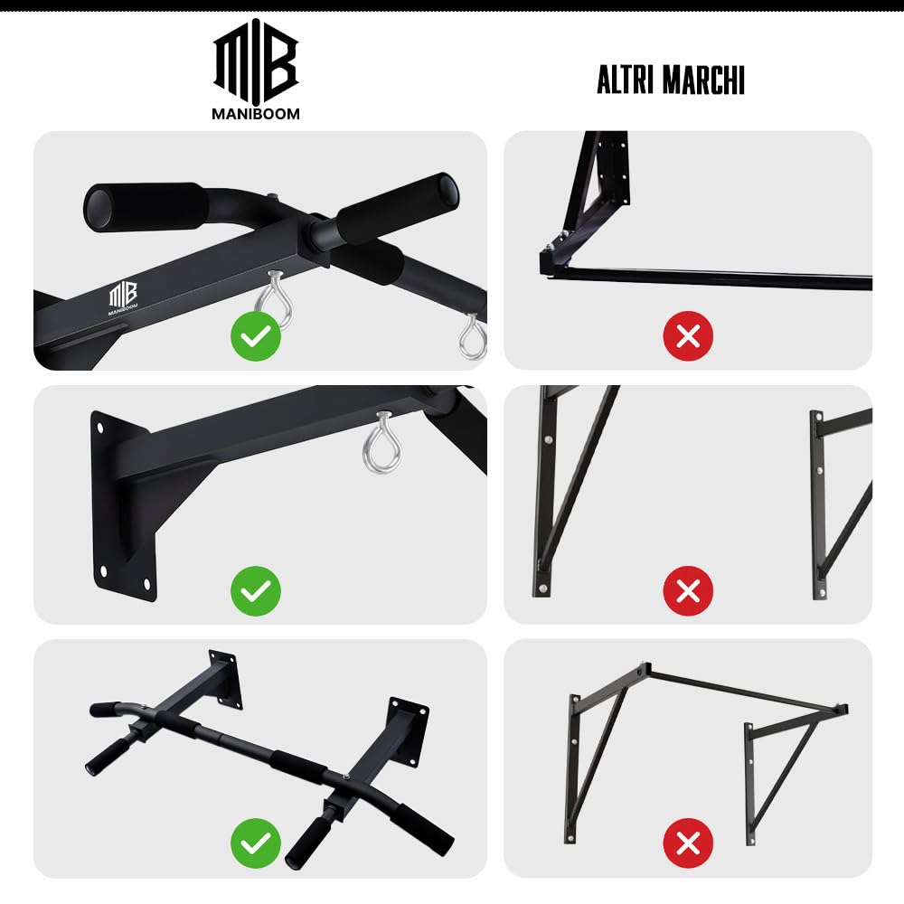 ManiBoom Sbarra Trazioni a Muro Fissa (150kg) - Barra Trazioni da Parete con 3 Anelli TRX per Calisthenics e Palestra in Casa