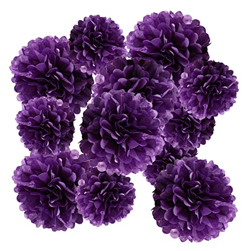 YESON Purple Tissue Paper Pom Poms Hanging Tissue Flowers Poms Decorations Pack of 12 for Wedding, Birthday,Party Backdrop Decor ect. (12\", 10\",Tissue Paper Flowers)