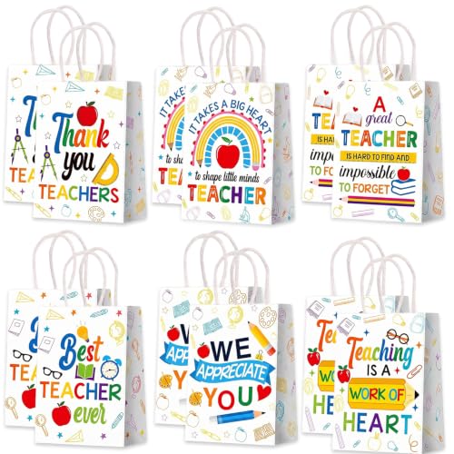 Teacher Gifts Bag 12Pcs Thank You Teacher Paper Gift Bags with Handles Perfect for End of Year Teacher Appreciation & Leaving Gifts Wrapping 21x15x8cm