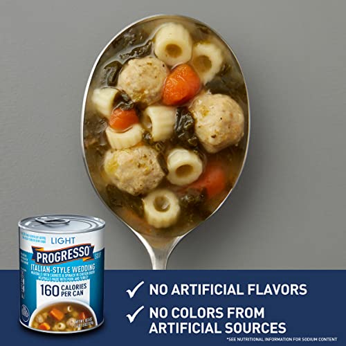 Image of Progresso Light Italian-Style Wedding Canned Soup, 18.5 oz | 160 Calories per Can, Pork & Turkey Meatballs with Carrots & Spinach in Chicken Broth, No Artificial Flavors or Colors