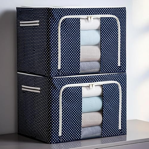 Image of CLAPONE Foldable Steel Frame Cloth Organizer Storage Box and Organiser /Wardrobe Organizer for Storage /almirah for Sarees /Shirts /Blankets /Clothes Storage Box (Blue, 100 Ltr - Pack of 2)