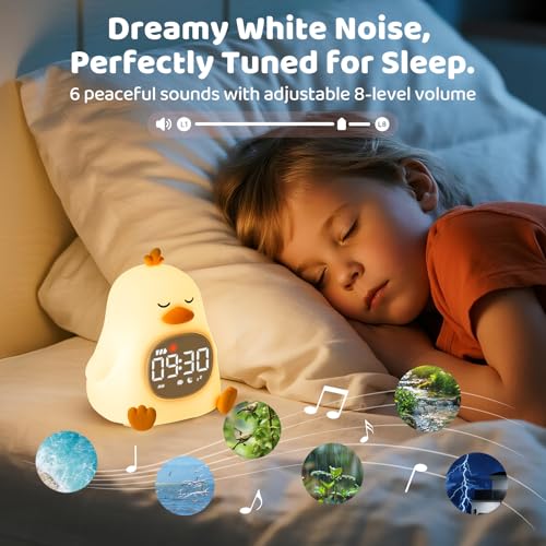 Image of Sleepy Duck Alarm Clock with Night Light for Kids with Sleep Training and Sound Machine, Rechargeable Silicone Lamp OK to Wake Clock,Cute Animal Tabletop Lamp, Perfect Sleep Companion for Boys Girls