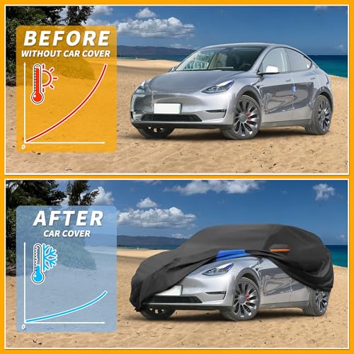 Image of All-Weather Waterproof Car Cover - UV-Resistant Outdoor Full Exterior Protection for Tesla Model Y 2020-2024 210D-PU Black Blue with Right Side Zipper
