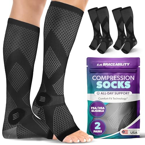 Image of BraceAbility Compression Socks for Circulation - (2 Pairs) 20-30 mmHg Knee High Neuropathy Open Toe Stockings Best for Varicose Veins, POTS, Restless Leg, Toeless Support for Men or Women (M - Black)