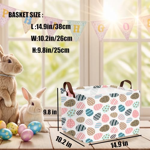 Image of Large Cute Easter Basket for Kid Empty Gift Baby Rectangle Storage Bin Bunny Eggs Boy&Girl Room Decor (Retro Art Easter Egg)