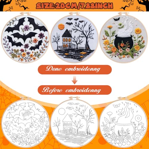 Image of Halloween Embroidery Kit,Halloween Cross Stitch Kit,DIY Embroidery Kits for Adults,Embroidery Kit for Beginners with Pattern,Cotton Threads,Needles,Instruction,20cm Hoop,for Decor Home Room(Witch hat)