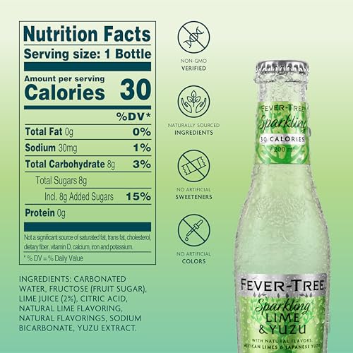 Image of Fever-Tree Sparkling Lime & Yuzu - Premium Soda Mixer for Cocktails and Mocktails, 6.8 fl oz Bottles, Pack of 24 - Naturally Sourced, Non-GMO
