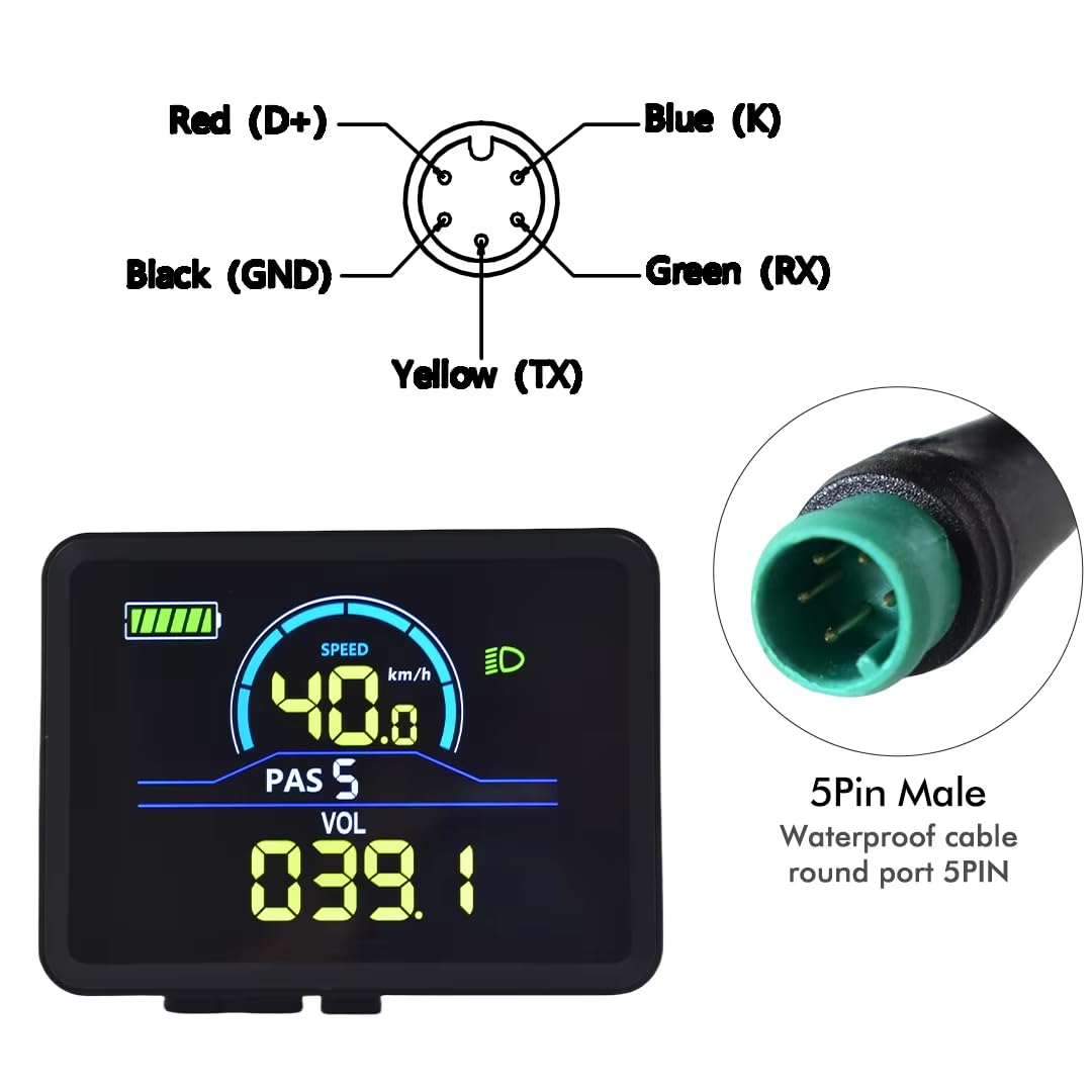 Écran de vélo électrique en plastique + métal 36 V-72 V - Écran LCD étanche NC-81F - Panneau de vélo électrique - Connecteur étanche à 5 broches - Compteur de vitesse - Odomètre pour scooter