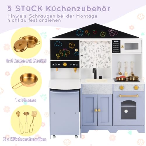 Kinder-Spielküche aus Holz in Hausform Rosa mit Kaffeemaschine, Backofen, Herd und Spüle, Komplettzubehör für Kinder ab 3 Jahren