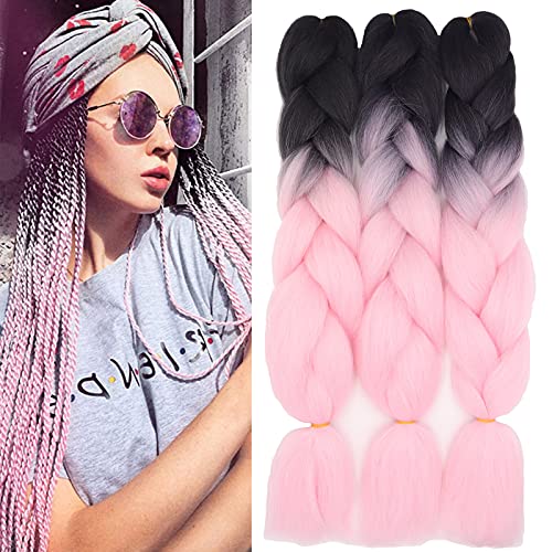 60cm Pelo Sintetico para Trenzas Africanas Extensiones de Cabello Jumbo Braids Crochet Braiding Hair Extensions 3PCS (Negro&Rosado)