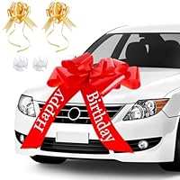 JABNOW Rote Schleife für Auto, Groß Geschenkschleife mit Saugnapf, Happy Birthday Geschenkschleife, Riesige Schleife Dekoration für Geburtstagsparty Auto (1 Roter 23 inches und 2 Goldene 3 inches)