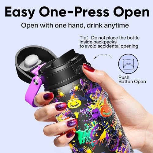 Image of Insulated Water Bottle with Straw - Encool Stainless Steel Water Bottle with Push Button Lid, Leak-Proof & BPA-Free, Keeps Cold for 24 Hours for Sports, Travel, Gym (32 oz, Ghost Party)
