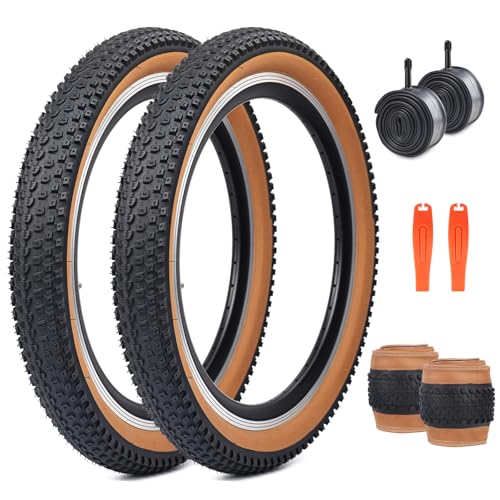 MEGHNA Mountain Bike Tire 24 inch Foldable Anti Slip Tread 24 x 2.125 inch (57-407) All Terrain Replacement with Tire Lever for Kids Bike Cruiser Bike Folding Bike(Brown Wall-2Tires Set, 24inch)