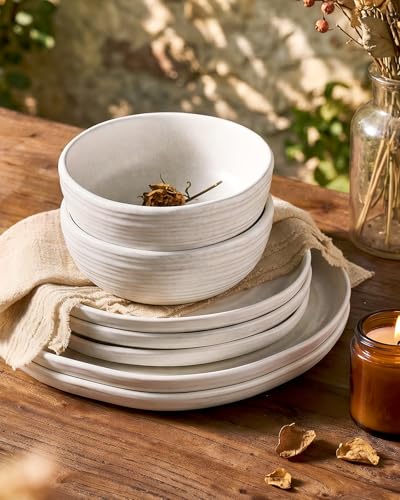 Image of Famiware Pluto Stoneware Dinnerware Sets, 12-Piece Double Reactive Glaze Plates and Bowls Sets, Dishware Sets for Everyday & Formal Dining, Irregular Edge Dishes, Service for 4, Matte Beige White