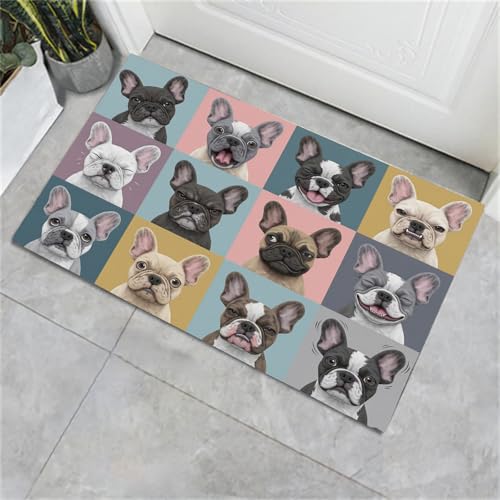 Zerbino Ingresso Interno Tema Bulldog Francese Carino, Zerbino Di Benvenuto Lavabile Morbida Patchwork Cani Compagnia, Antiscivolo Tappeto Da Decorazioni Blu-Grigio Per Casa Porta D'Ingresso, 45X75Cm