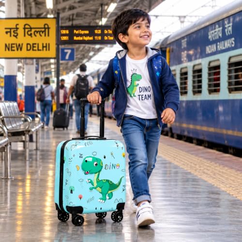 Image of Kids Carry On Luggage with Wheels,18-inch Hard Shell Suitcase Lightweight Toddler Rolling Trolly with Retractable Handle,Durable Hardside Spinner Trolly for Airplane Travel (Blue Dino)