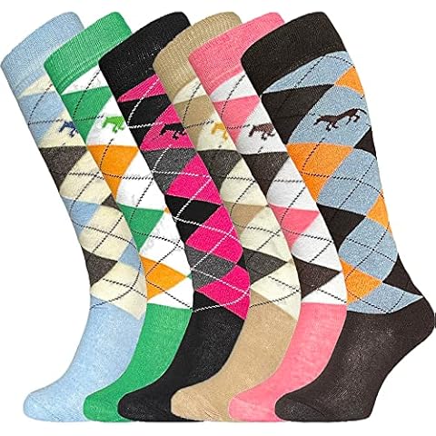 ZombaFlo®️ Ladies Girls Knee High Equestrian Argyle Diamond Horse Riding Socks UK Size 4-7 (Colourful 3) Cover