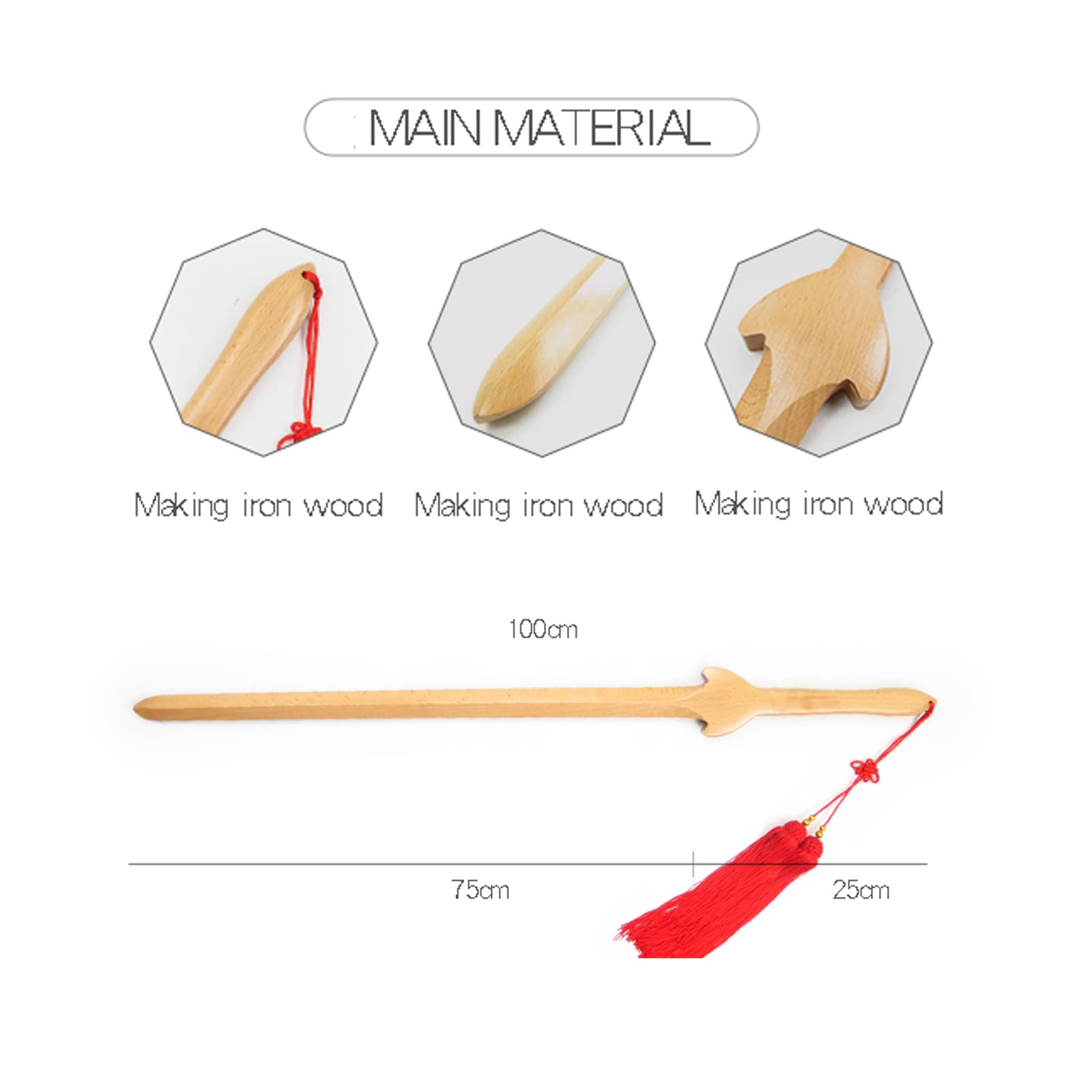 Espada Recta de Tai Chi de Madera de Haya Natural 100 cm, Bokken Artesanal para Entrenamiento de Artes Marciales