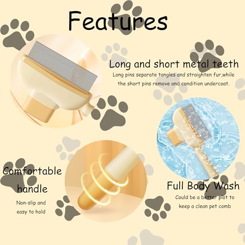KixMalkinly 2Pcs Pet Comb Flea Comb for Cats Dogs,Self-Cleaning Cat Grooming Brush with Release Button and Stainless Steel Round Teeth,Detangling Long and Matted on Cats and Dogs(Yellow+Green) - Thumbnail 4
