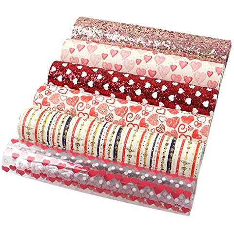 David Angie Valentine's Day Heart Printed Faux Leather Sheet Chunky Glitter Synthetic Leather Sheet Assorted 6 PCS 7.7" x 12.9" (20 cm x 33 cm) for Earrings Hair Bows Making (Pattern B) Cover