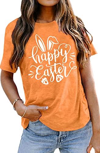 Image of Women Happy Easter T Shirt Bunny Rabbit Graphic T-Shirt Funny Letter Printed Shirts Short Sleeve Tops