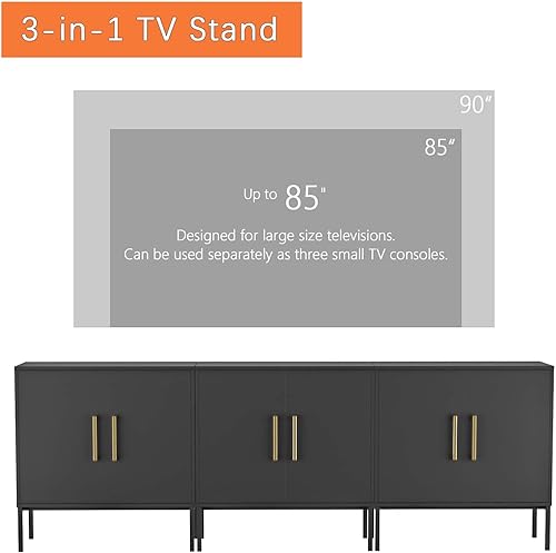 Miniatura 7 de LYNSOM Soporte de TV para TV de 85 pulgadas, mesa consola central de entretenimiento multimedia, 3 gabinetes, mesa consola de TV con gabinete de