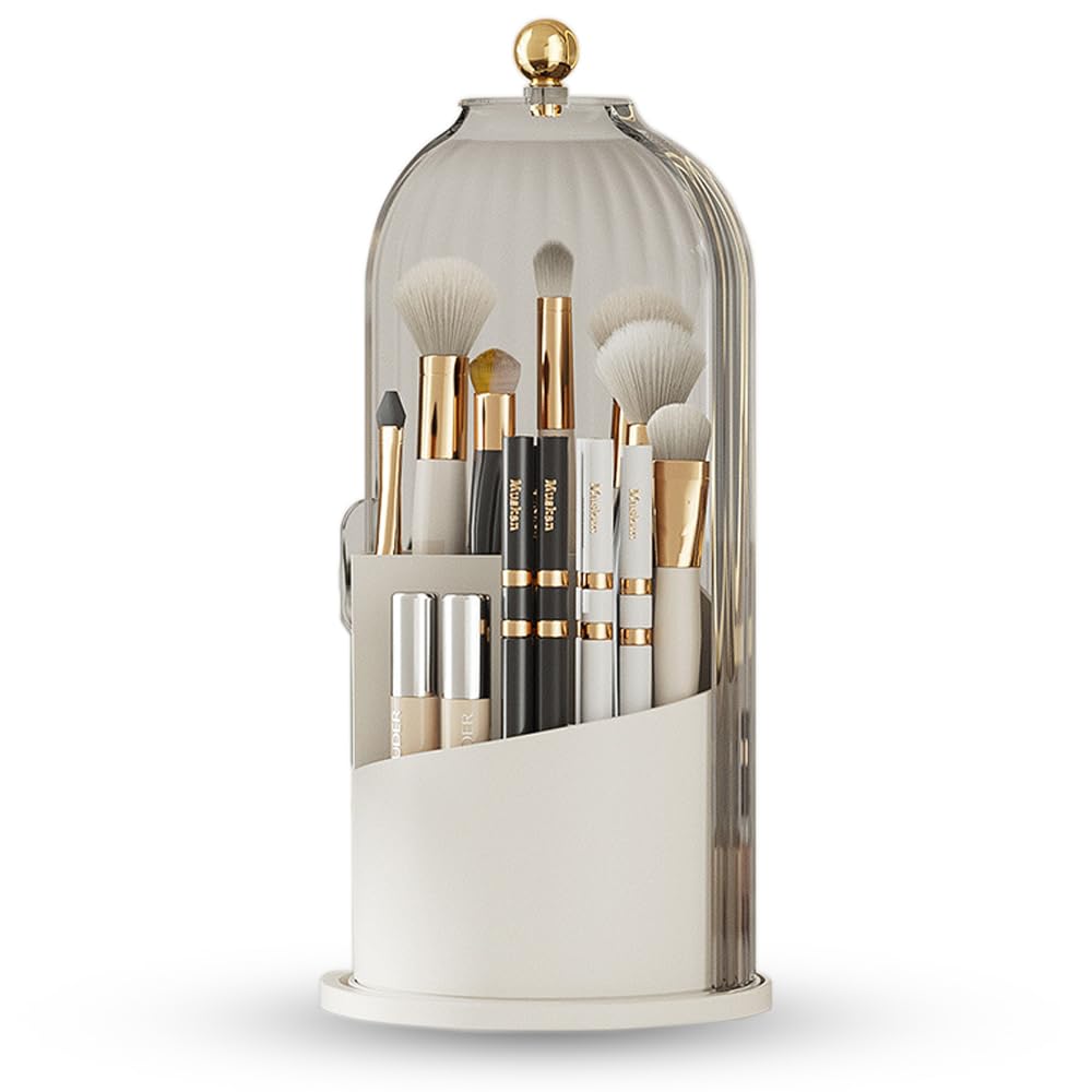 Rvdxur Makeup Brush Holder with Lid, 360 Rotating Make up Brushes Cup Organizer for Vanity, Countertop Covered Cosmetic Brush Storage Box, Clear