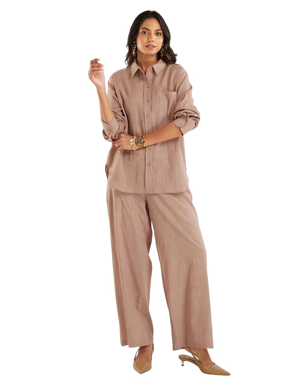 Women's Pure Cotton Co-ord Set | Relaxed Fit Shirt & Wide-Leg Pants | Soft & Breathable