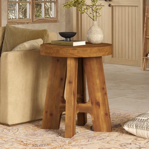 TRIBEWOOD Round Side Table, Farmhouse Solid Wood End Table for Couch, Mid Century Modern Side Table with Heavy-Duty Legs, Small Bedside Table for Bedroom, Living Room, Rustic Brown