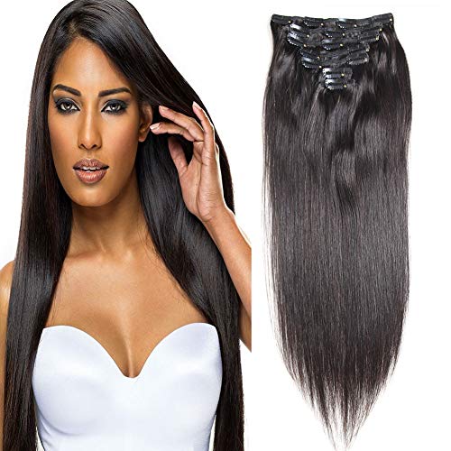 100% Human Hair Brazilian Straight Clip In Human Hair Extensions 20" #1B Natural Black Full Head Silky Straight Human Hair Clip in Extensions 7pcs 80g/2.82oz