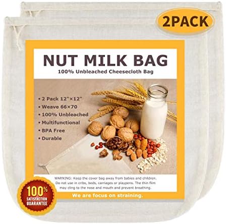 Nut Milk Bags, All Natural Cheesecloth Bags, 12"x12", 2 Pack, 100% Unbleached Cotton Cloth Bags for Tea/Yogurt/Juice/Wine/Soup/Herbs, Durable Washable Reusable Almond Milk Strainer(Weave 66x70)