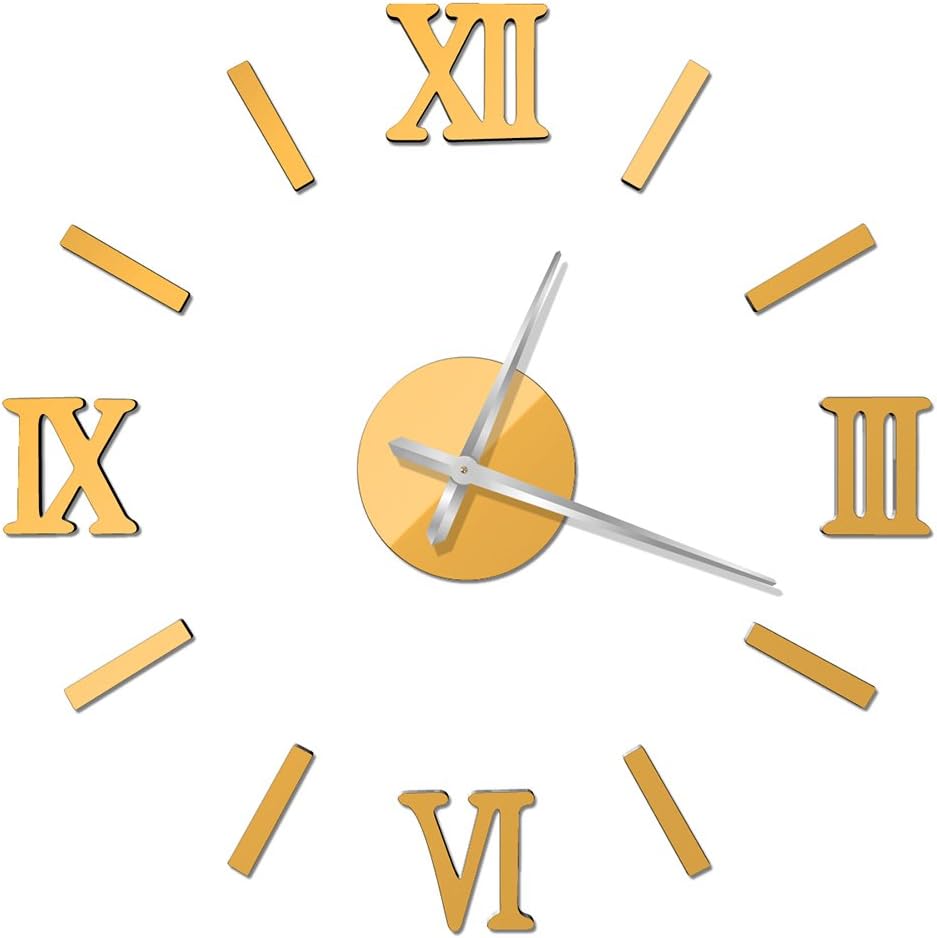 Aoklea(R) Luxury Art Clock DIY 3D Wall Clock Roman Numerals Large Size Mirrors Surface Home Decor(Gold)