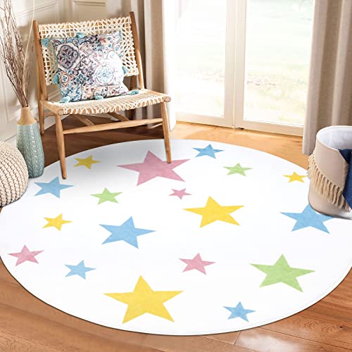 Image of Topotdor Stars Round Rug Starry Sky Stars Area Rug Non Slip Soft Durable Washable for Nursery Playroom Classroom (Multicolor, 4 ft)