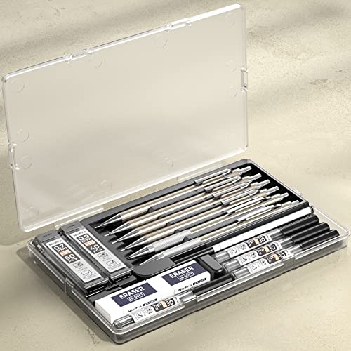 Nicpro 6 Pcs Art Mechanical Pencils Set, Metal Artist Drafting Pencil 0.3 & 0.5 & 0.7 & 0.9 Mm & 2 Pcs 2Mm Graphite Lead Holder(4B 2B Hb 2H) For Writing Sketching Drawing With Lead Refills Eraser Case #TOP6