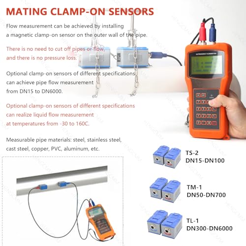 Caudalímetro ultrasónico de Abrazadera - Caudalímetro Digital portátil para tuberías DN15-6000 mm - Sensores TS-2/TM-1/TL-1 para Cobre, PVC, Agua de mar, Alcohol y Aguas resid（Dn6000）