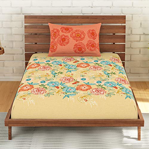 Image of Spaces Atrium Plus 210 TC 100% Cotton Single Bedsheet with 1 Pillow Cover (Floral, 60 inch X 88 inch Inches) - Beige