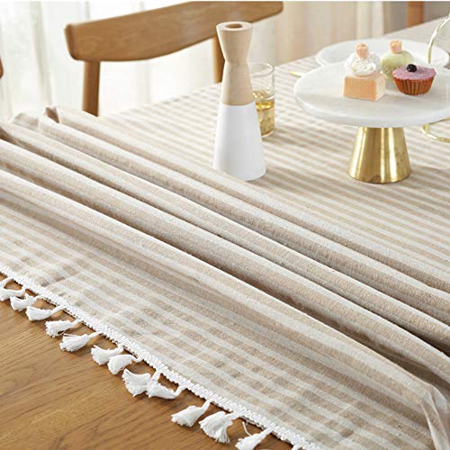 Amzali Stripe Tassel Tablecloth Cotton Linen Stain Resistant/Dust-Proof Waterproof Table Cover For Kitchen Dinning Tabletop Decoration (Rectangle/Oblong,55 X 55 Inch, Beige) #TOP3
