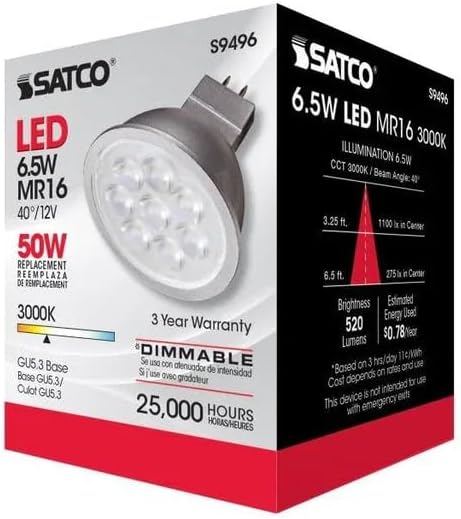 Satco Lighting 6.5 Watt Dimmable MR16 Low Voltage LED Light Bulbs - 3000K Soft White - 40 Degree Beam Angle - GU5.3 Base - 12 Volt AC/DC (12 Pack)