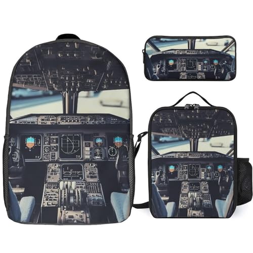 3 Piece Backpack for Women Men Lightweight Causal Daypack Shoulder Bag Set with Insulated Lunch Bag And Pencil Case Organizers Airplane Cockpit